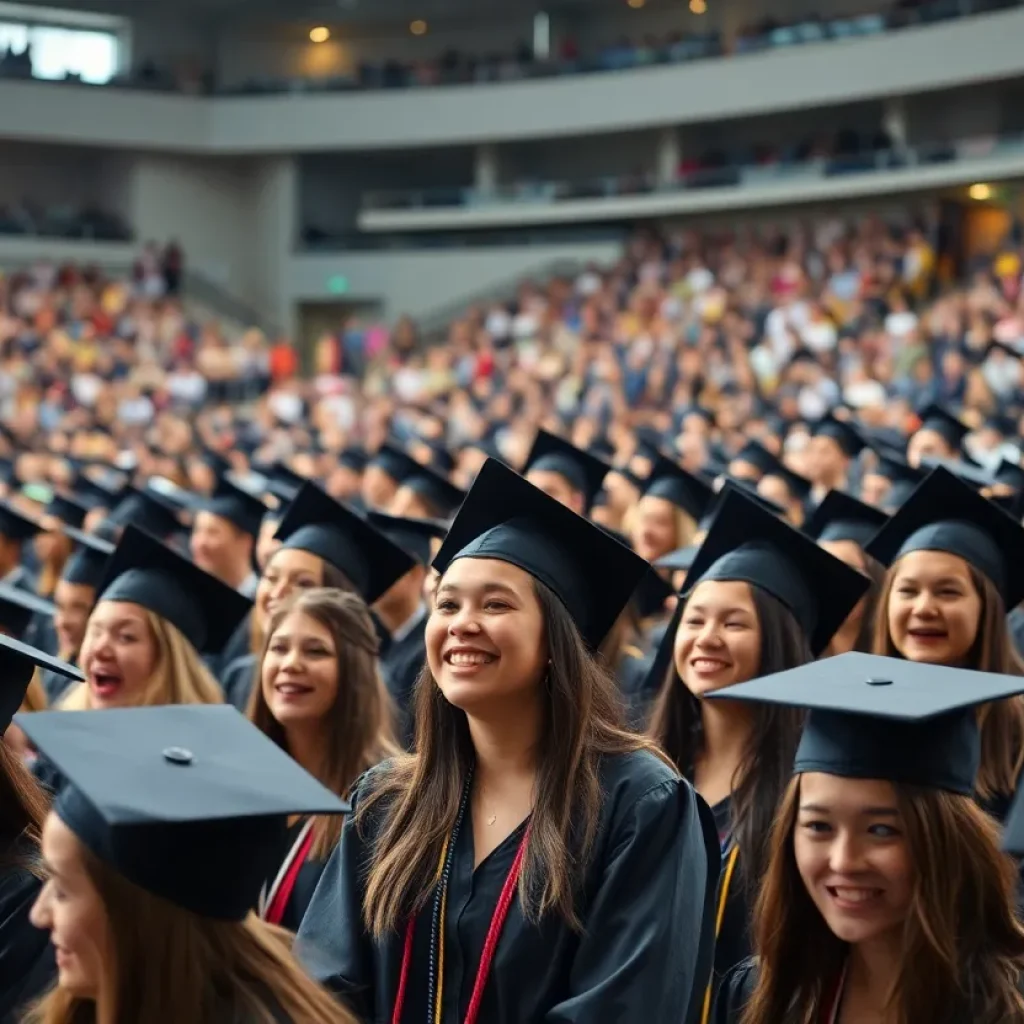 Graduation ceremony at University of Memphis with students in caps and gowns