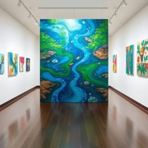 Colorful abstract paintings displayed in an art gallery.