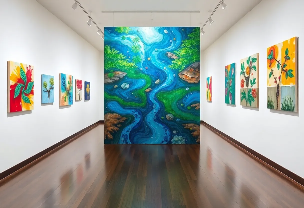 Colorful abstract paintings displayed in an art gallery.