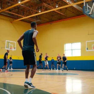 Basketball players practicing on court