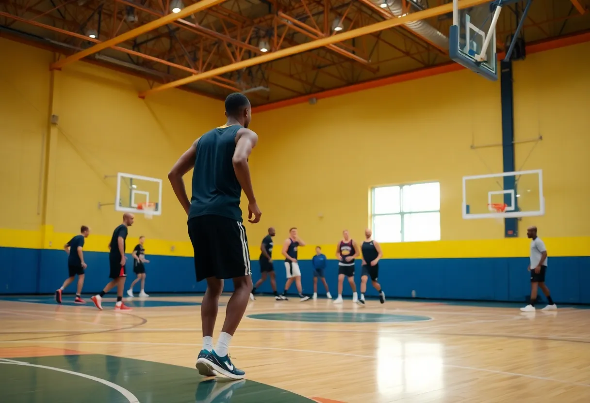 Basketball players practicing on court