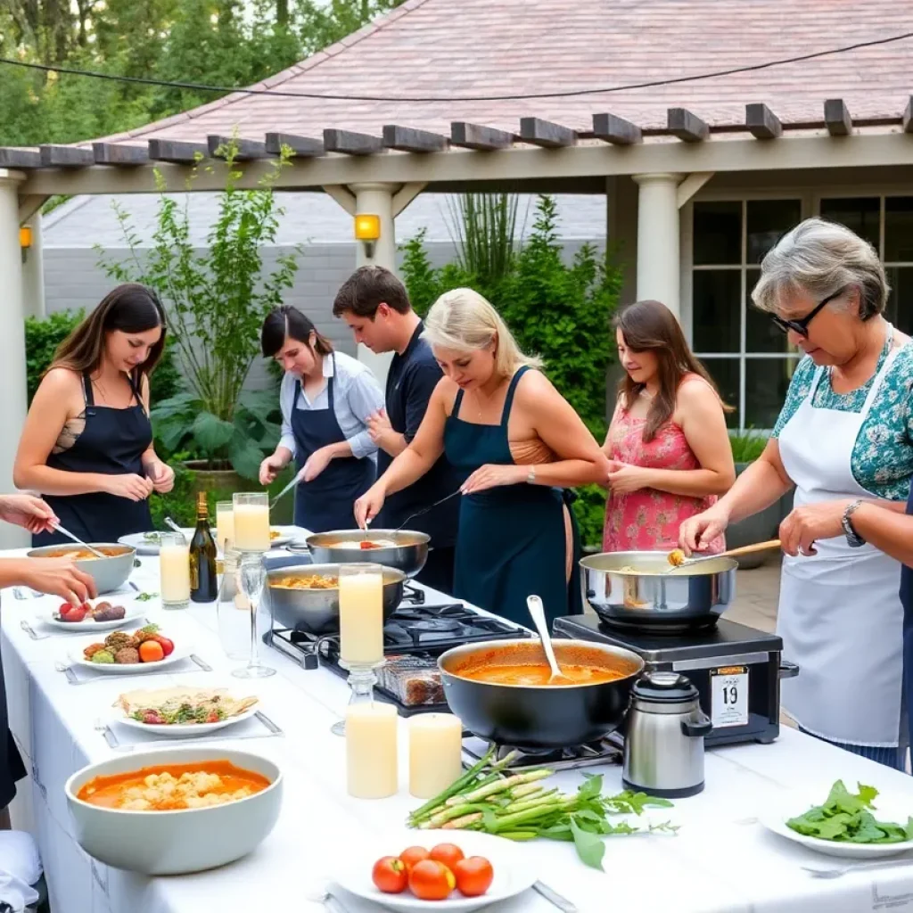 Group of people enjoying a Cajun cooking class outdoors, preparing gumbo with elegant table settings.