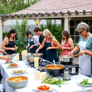 Group of people enjoying a Cajun cooking class outdoors, preparing gumbo with elegant table settings.