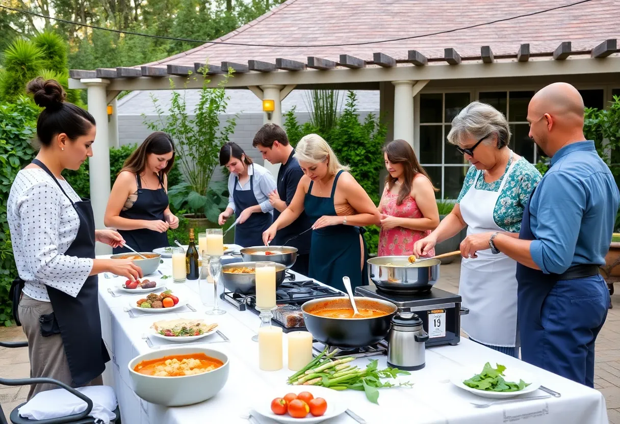 Group of people enjoying a Cajun cooking class outdoors, preparing gumbo with elegant table settings.