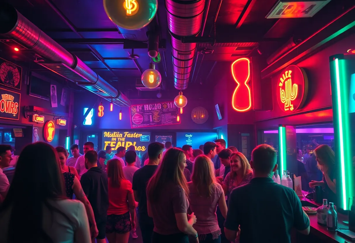 Nightlife at Canvas bar in Midtown Memphis with patrons enjoying music and drinks.