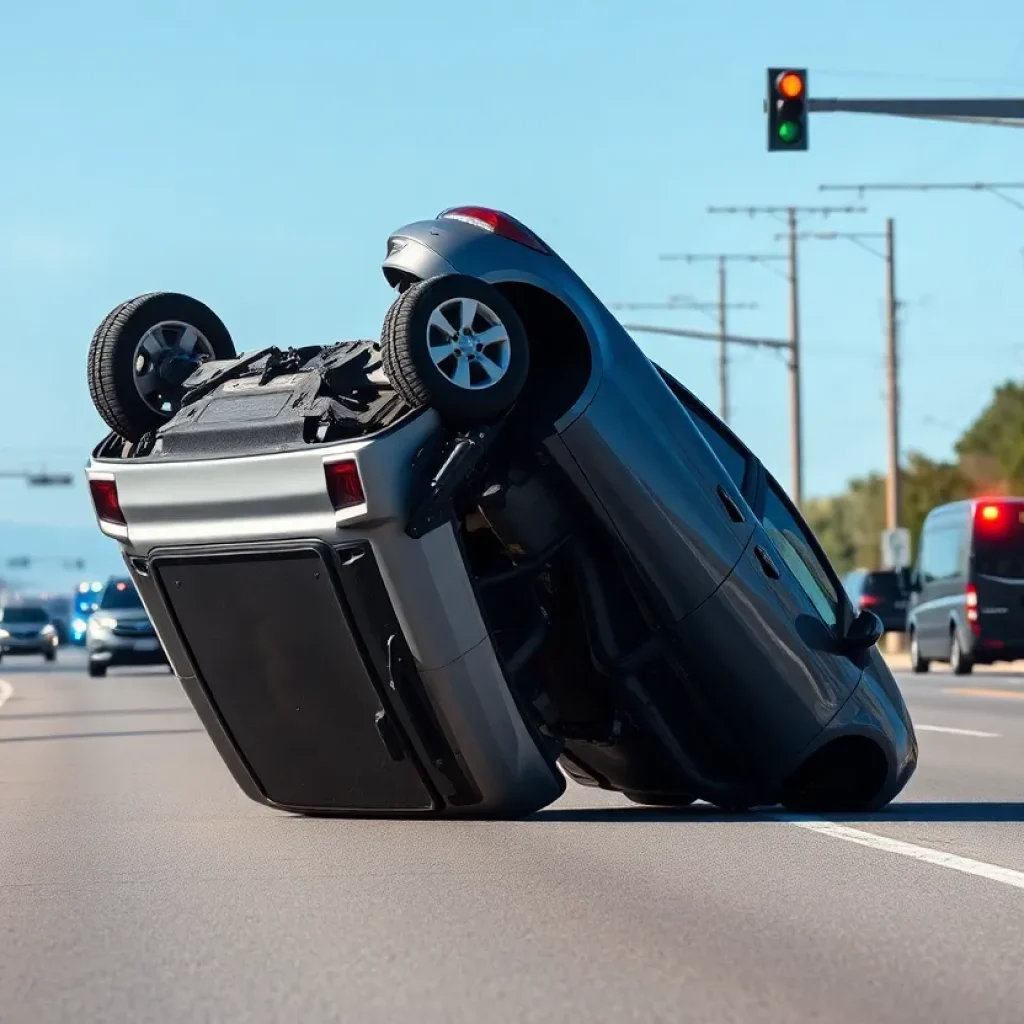 Flipped car and damaged utility poles on Airways Boulevard