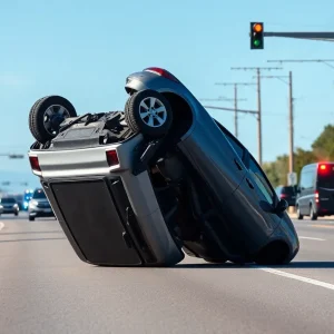 Flipped car and damaged utility poles on Airways Boulevard