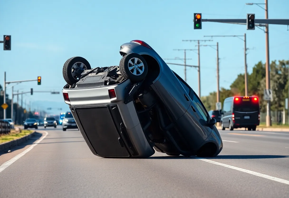 Flipped car and damaged utility poles on Airways Boulevard