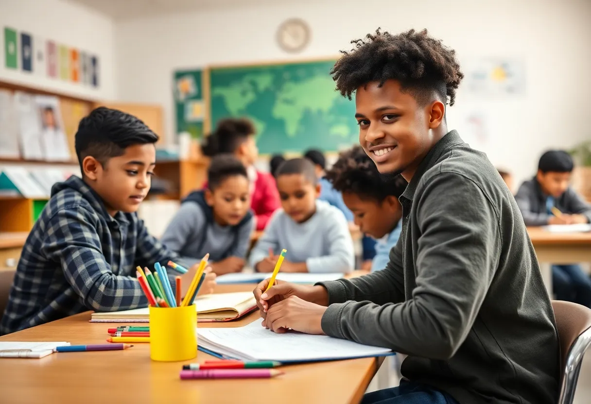 Students collaborating in a diverse classroom environment