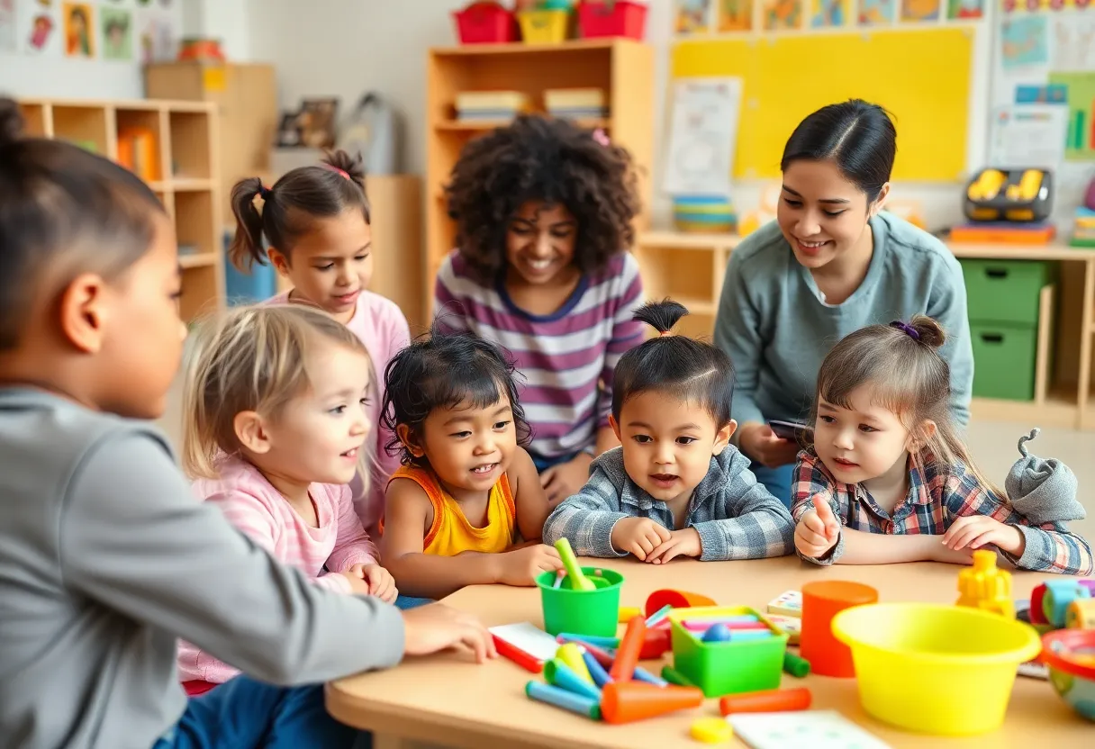 Young children in a prekindergarten classroom participating in activities.