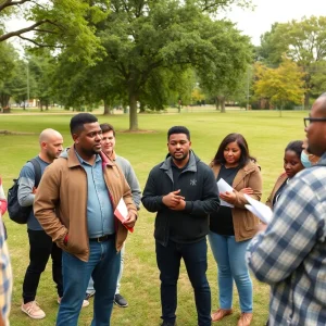 Residents of Memphis participating in a community safety meeting in a park.