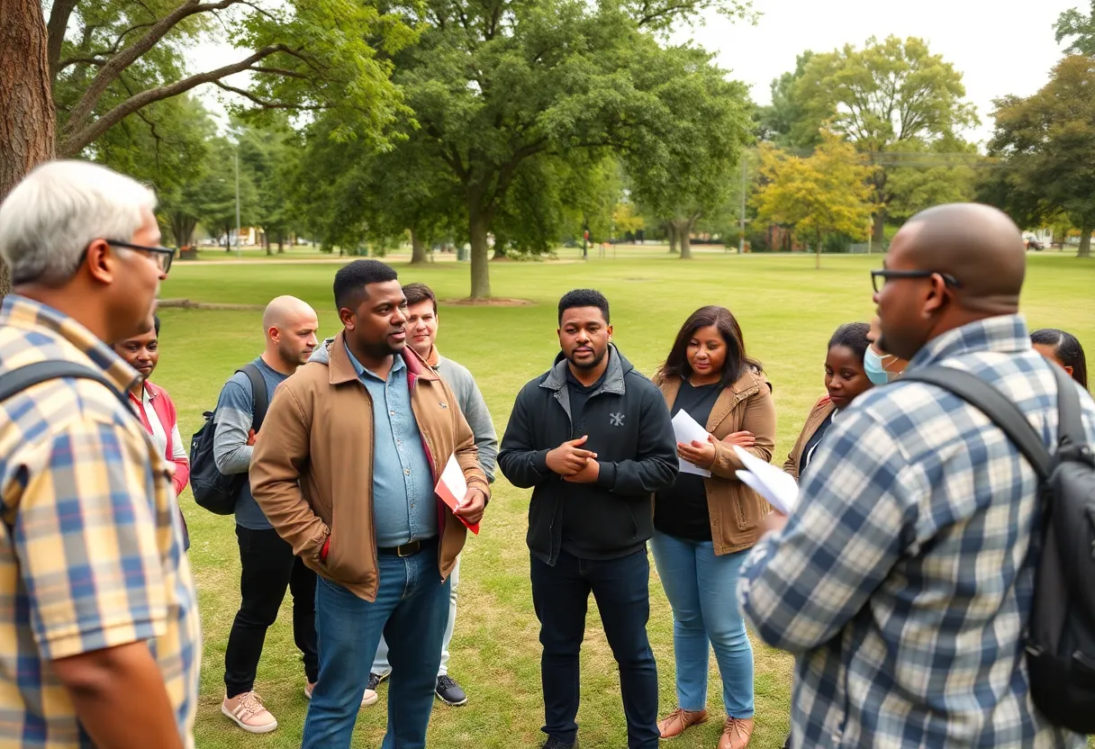 Residents of Memphis participating in a community safety meeting in a park.