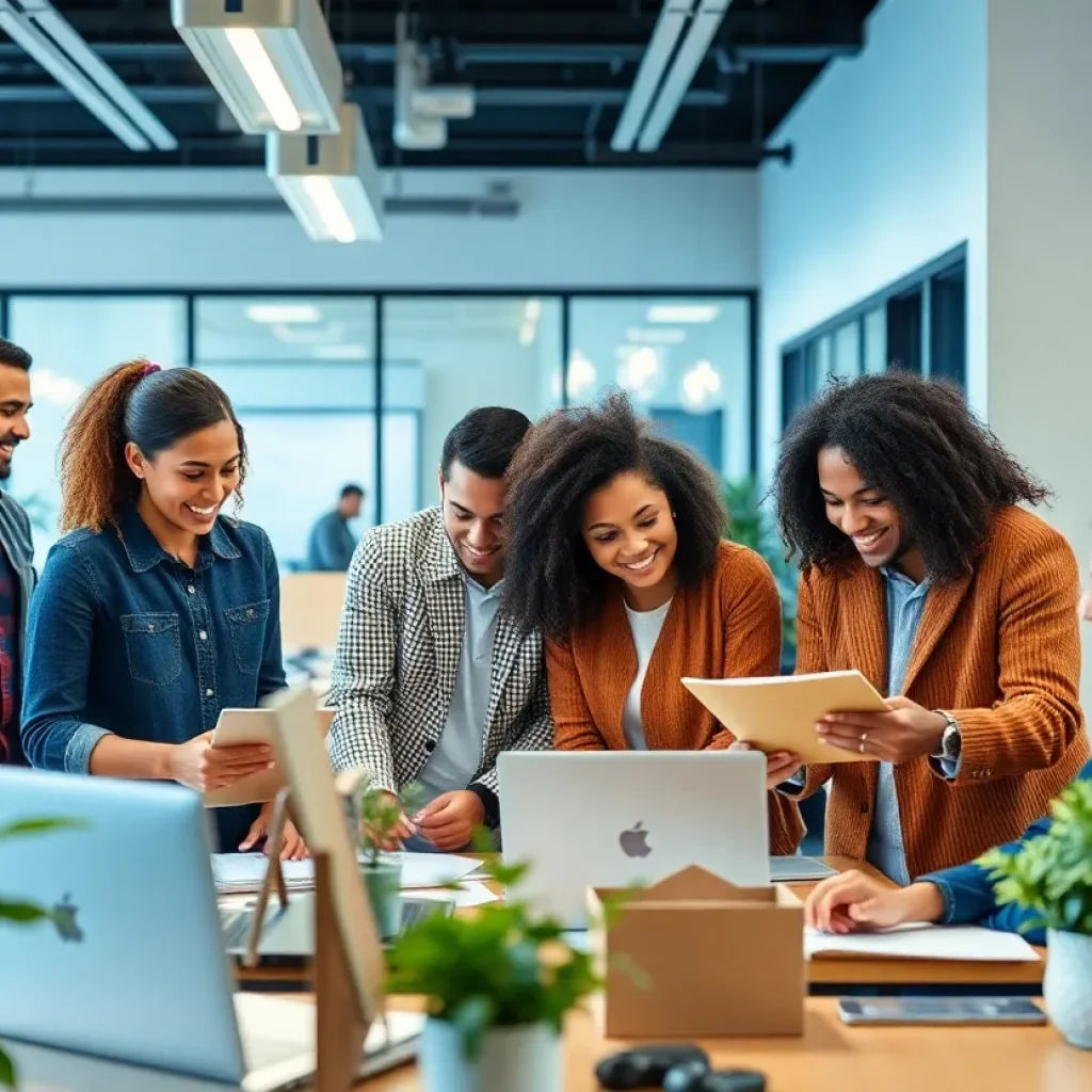 A diverse team working collaboratively in an office setting