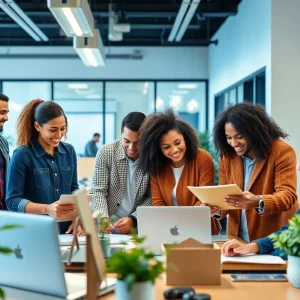 A diverse team working collaboratively in an office setting