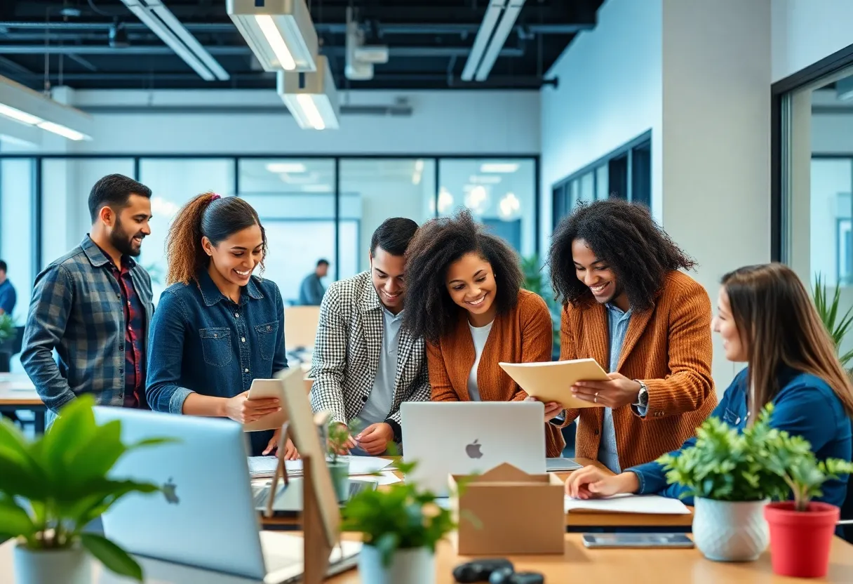 A diverse team working collaboratively in an office setting