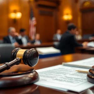 Courtroom setting with legal symbols and documents