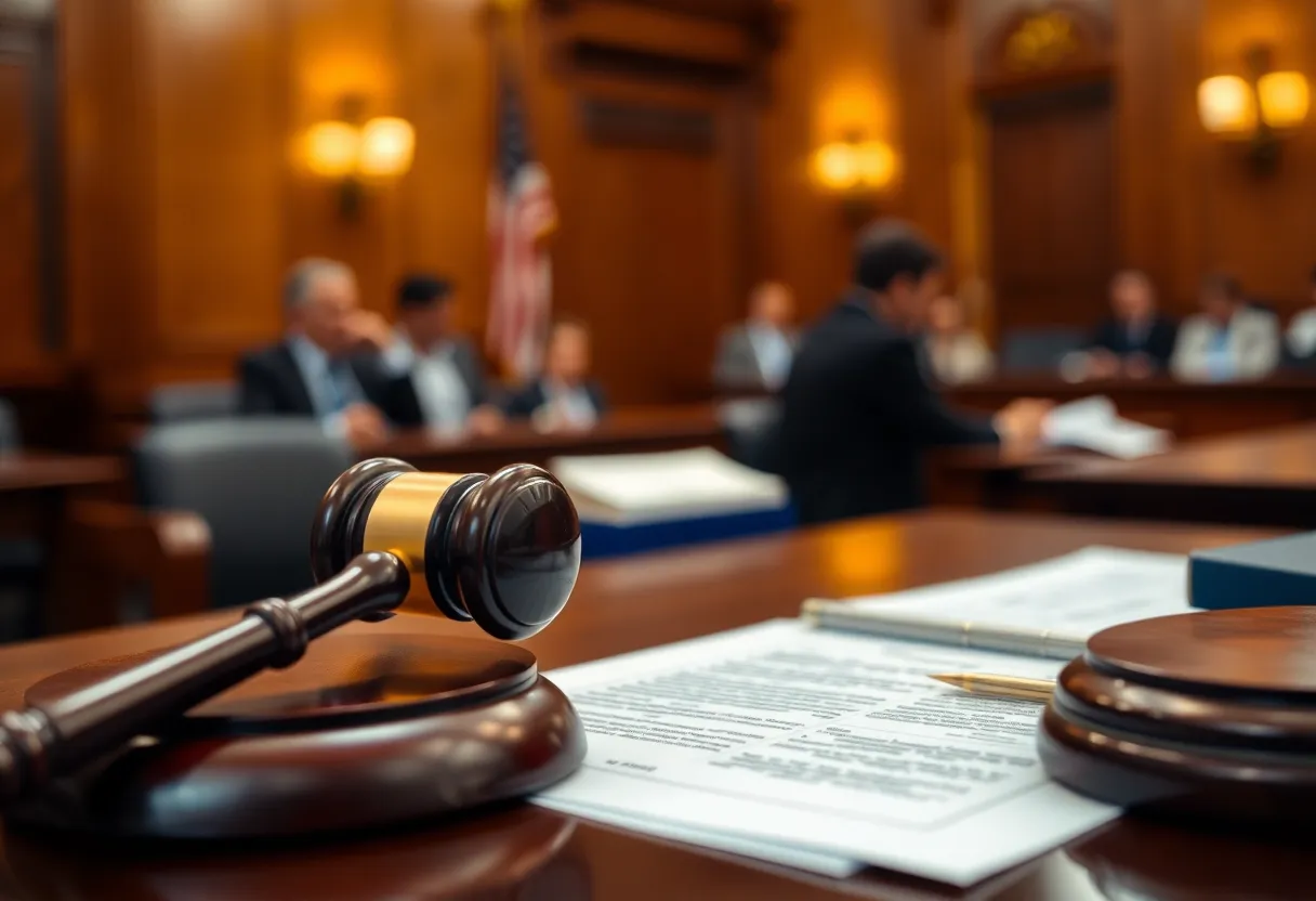 Courtroom setting with legal symbols and documents