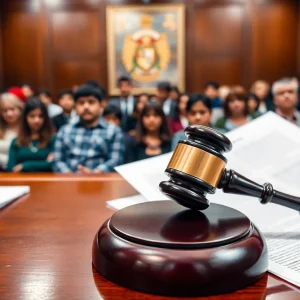 Courtroom with gavel and legal documents