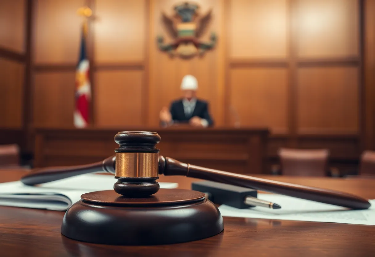 The interior of a courtroom with legal documents and a gavel.
