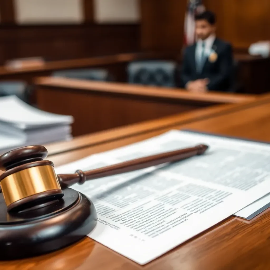 Courtroom with legal documents and gavel