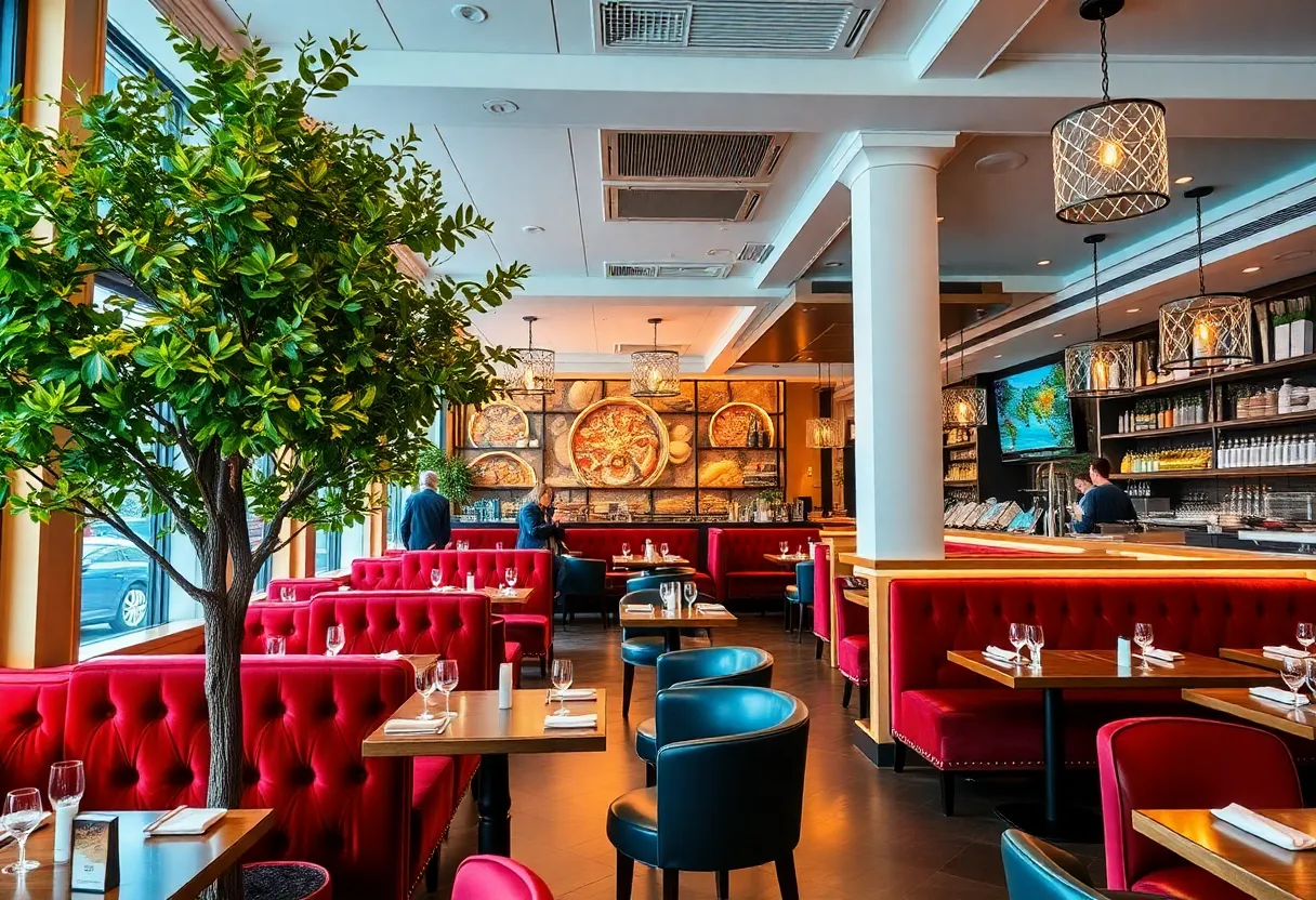 Interior view of Docks Off 5th seafood restaurant showcasing plush seating and greenery
