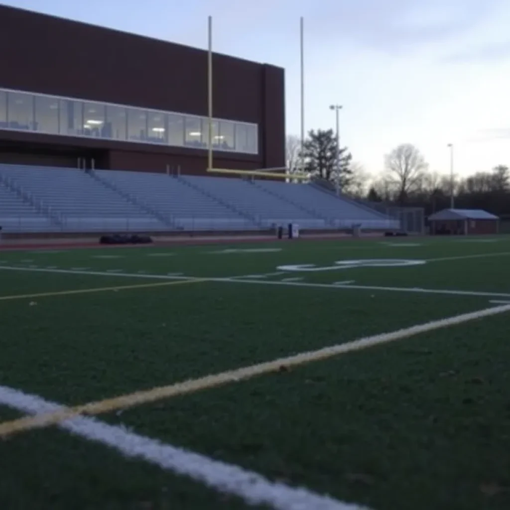 Empty high school football field with goalposts and bleachers