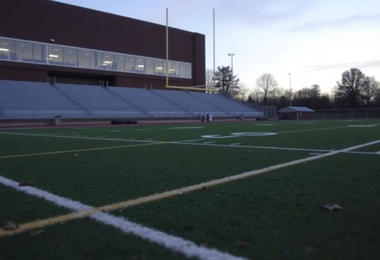 Empty high school football field with goalposts and bleachers