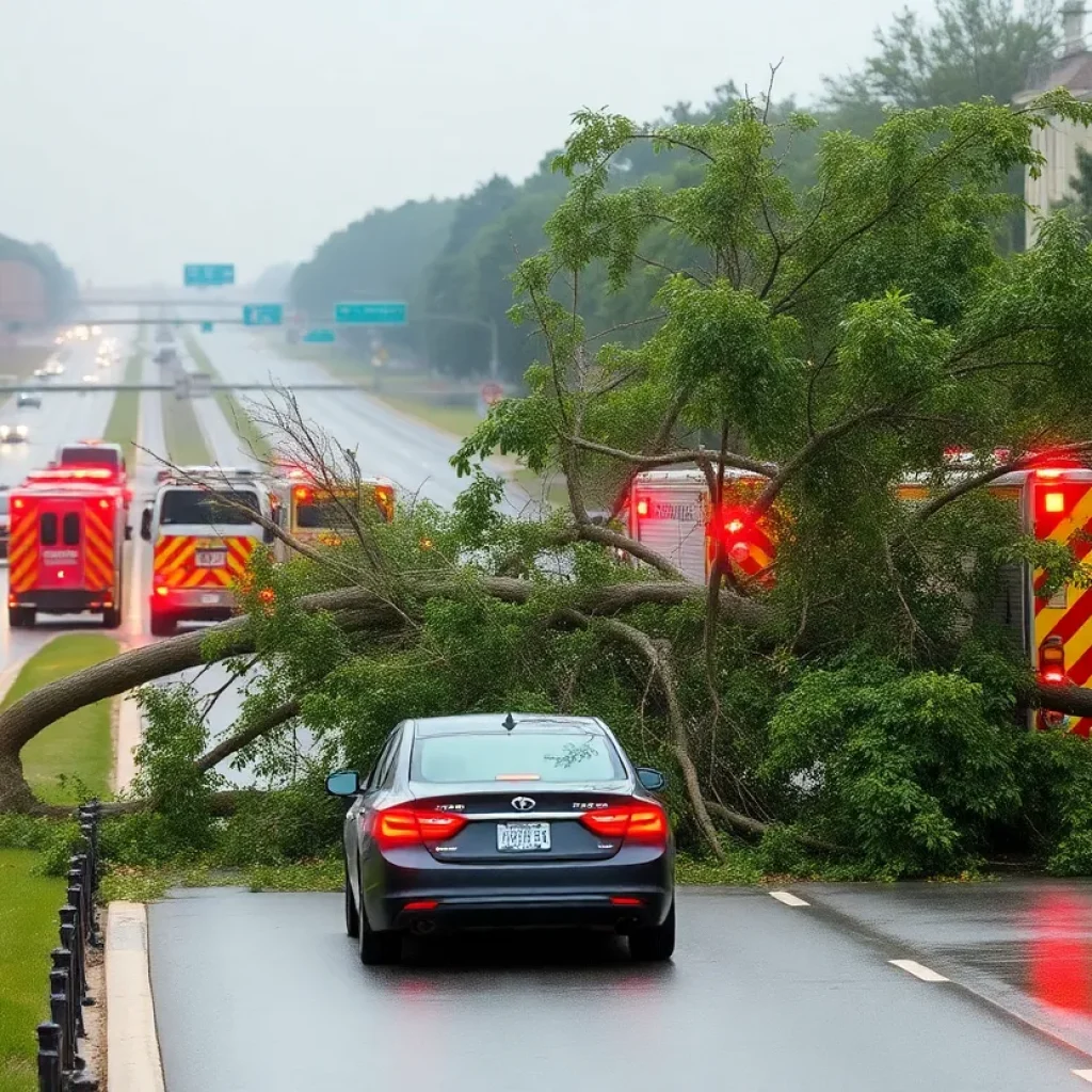 Fallen tree blocking traffic on E.H. Crump Boulevard in Memphis