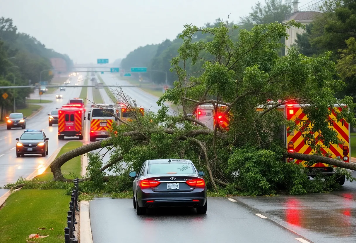 Fallen tree blocking traffic on E.H. Crump Boulevard in Memphis
