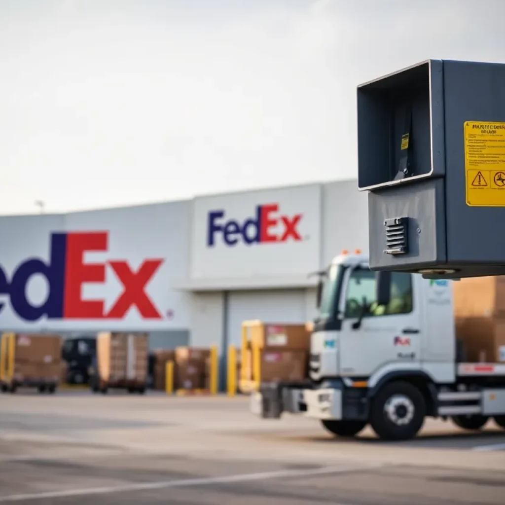 Exterior of a FedEx hub showcasing security measures