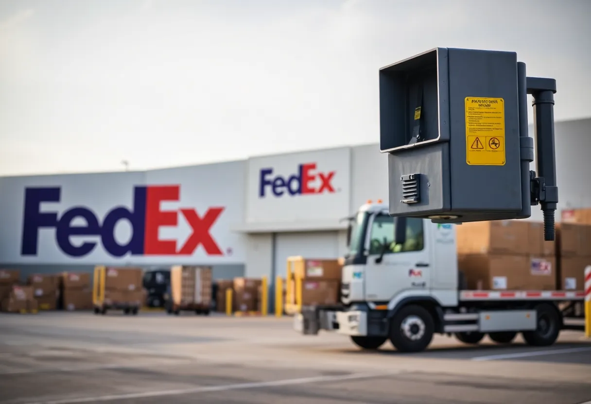Exterior of a FedEx hub showcasing security measures