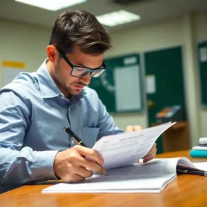 Forensic auditor reviewing financial records in a school environment
