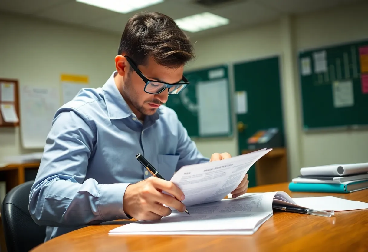Forensic auditor reviewing financial records in a school environment