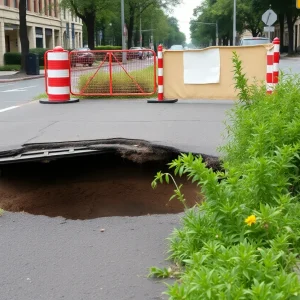 Sinkhole on Freeman Street surrounded by barriers in Memphis