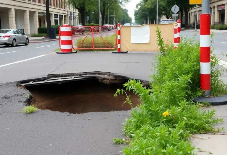 Sinkhole on Freeman Street surrounded by barriers in Memphis