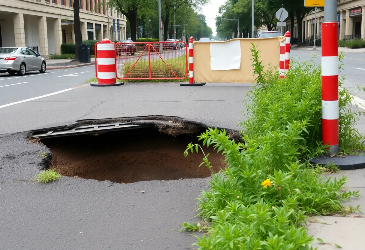 Sinkhole on Freeman Street surrounded by barriers in Memphis