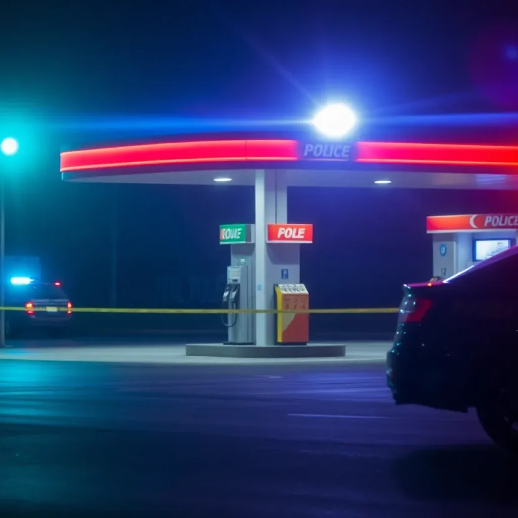 Police lights illuminating a gas station at night