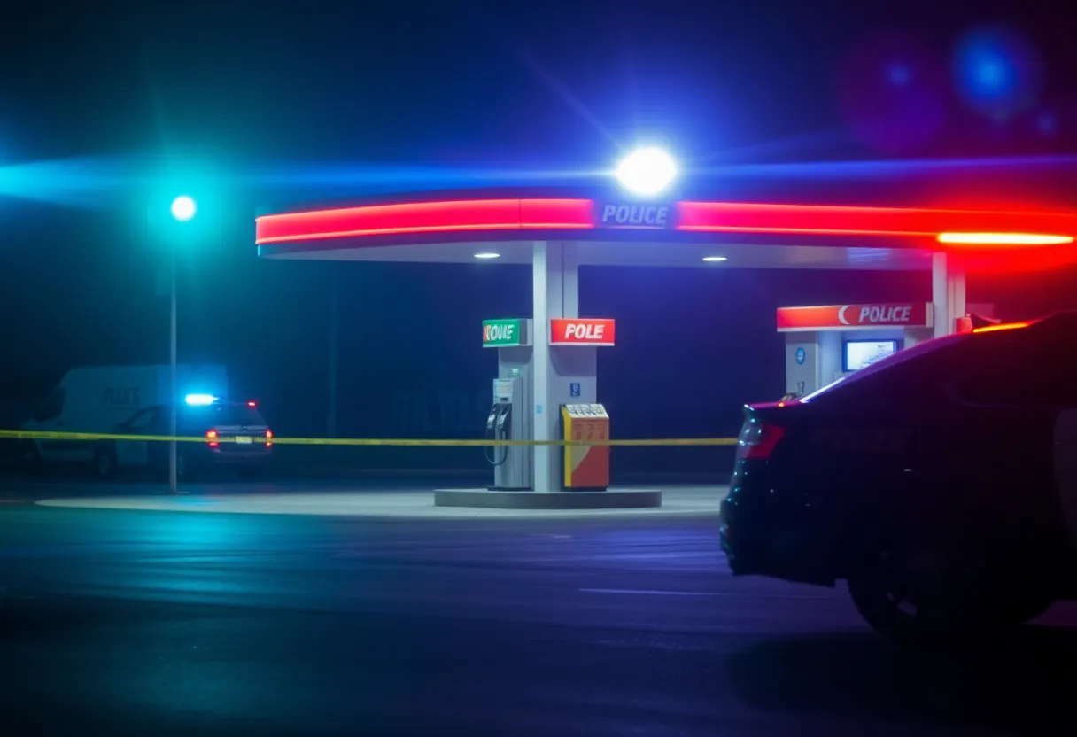 Police lights illuminating a gas station at night