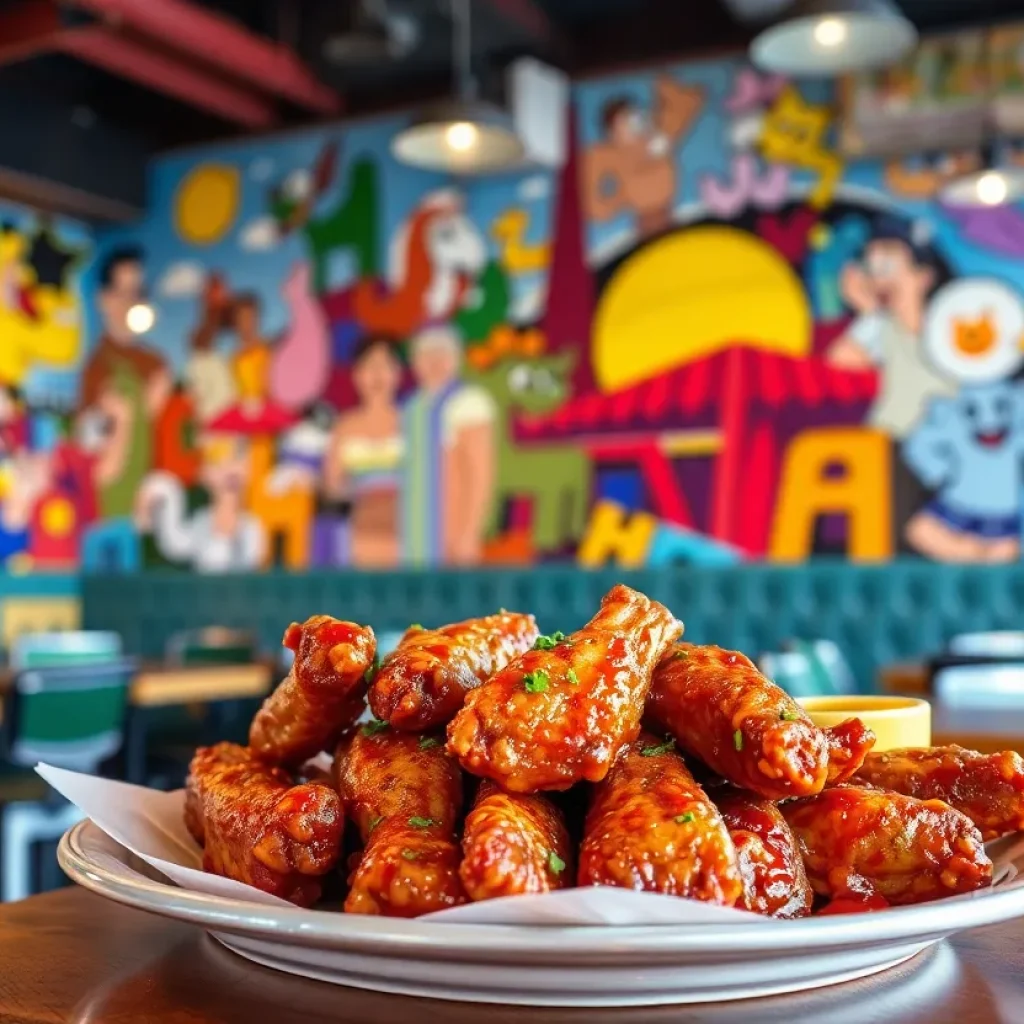 Vibrant restaurant interior with colorful murals and delicious wings