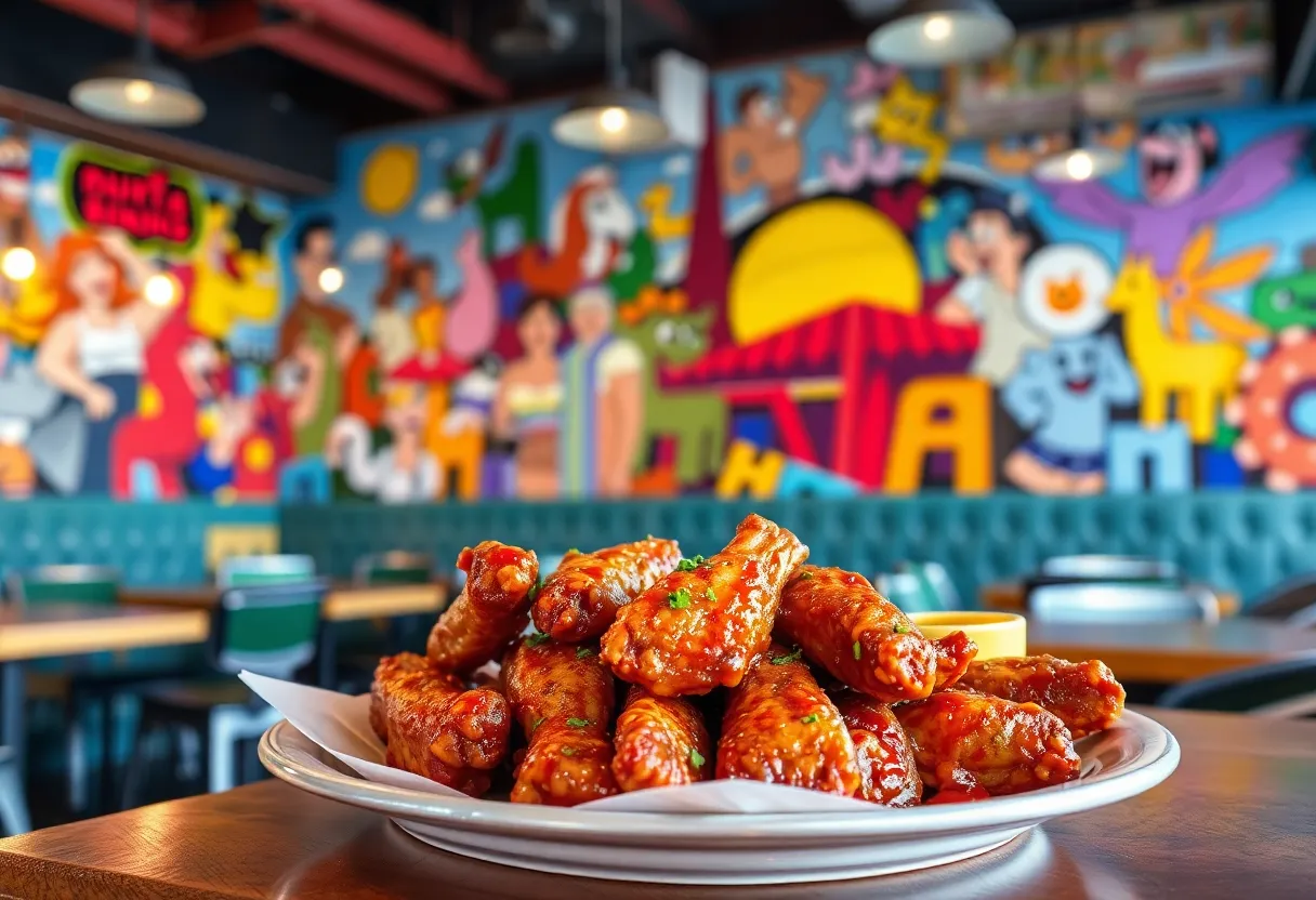 Vibrant restaurant interior with colorful murals and delicious wings