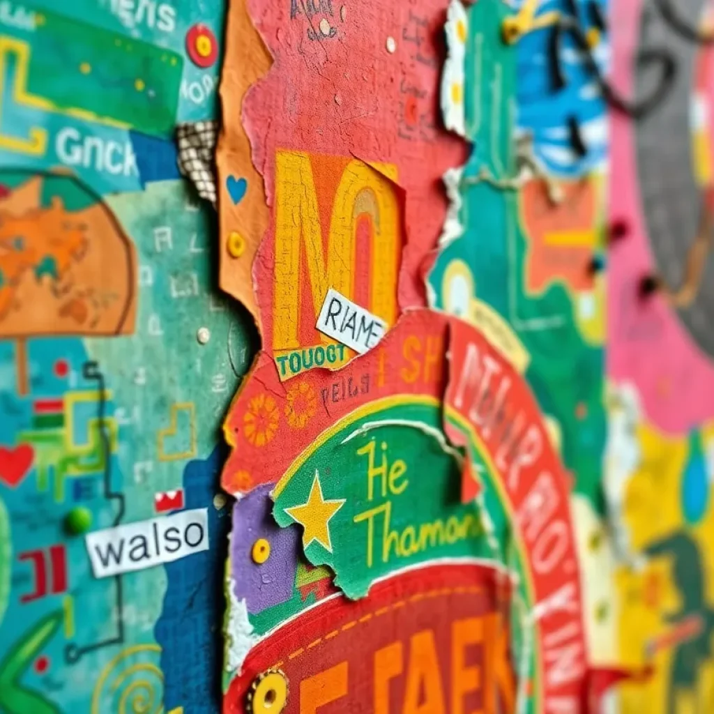A mixed media artwork showcasing layers and vibrant colors