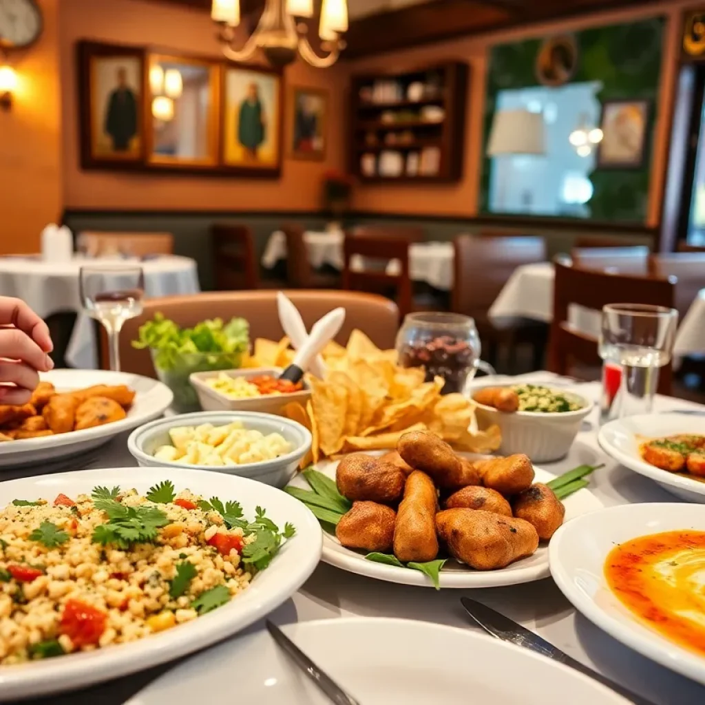 Table set with Lebanese dishes including tabouli, hummus, and grilled meats at La Roche restaurant.