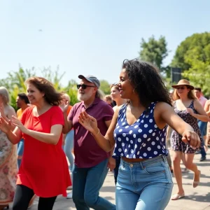 Participants enjoying a line dancing class outdoors in Memphis