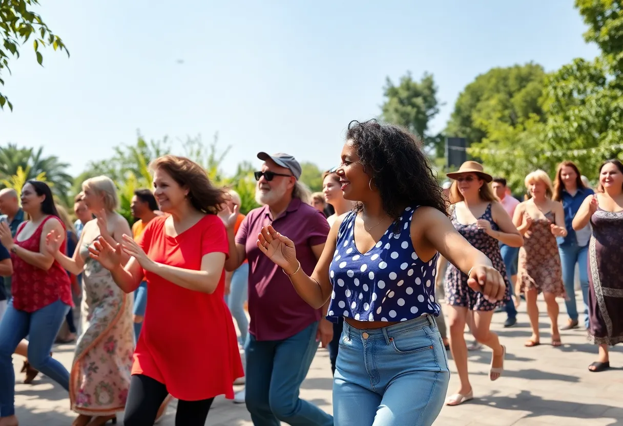 Participants enjoying a line dancing class outdoors in Memphis