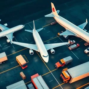 A logistics hub with cargo planes and delivery trucks