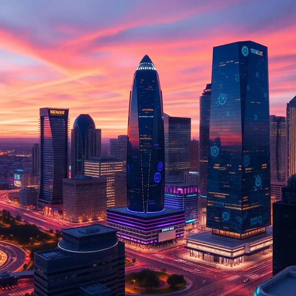 Futuristic portrayal of Memphis as a hub for AI innovation with tech elements in the skyline.
