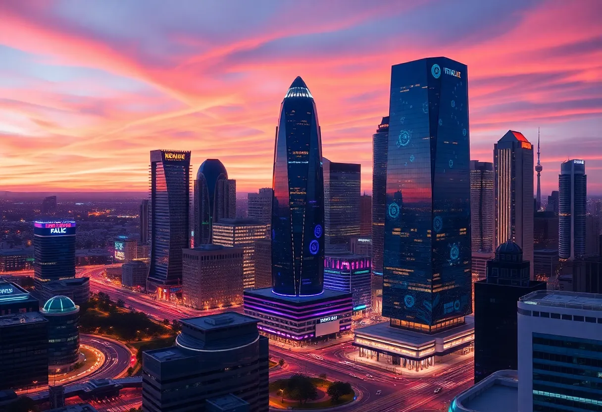 Futuristic portrayal of Memphis as a hub for AI innovation with tech elements in the skyline.