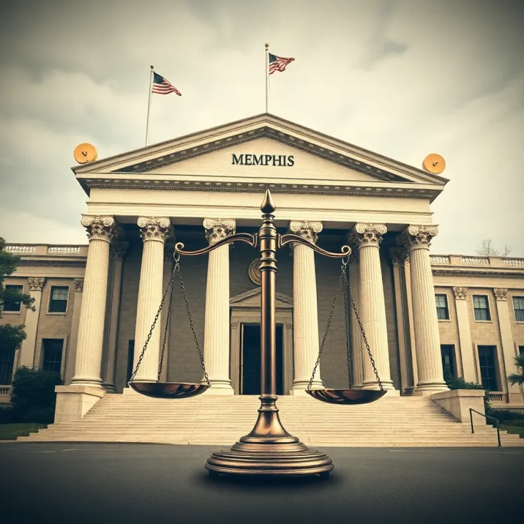Abstract representation of a courthouse with scales of justice