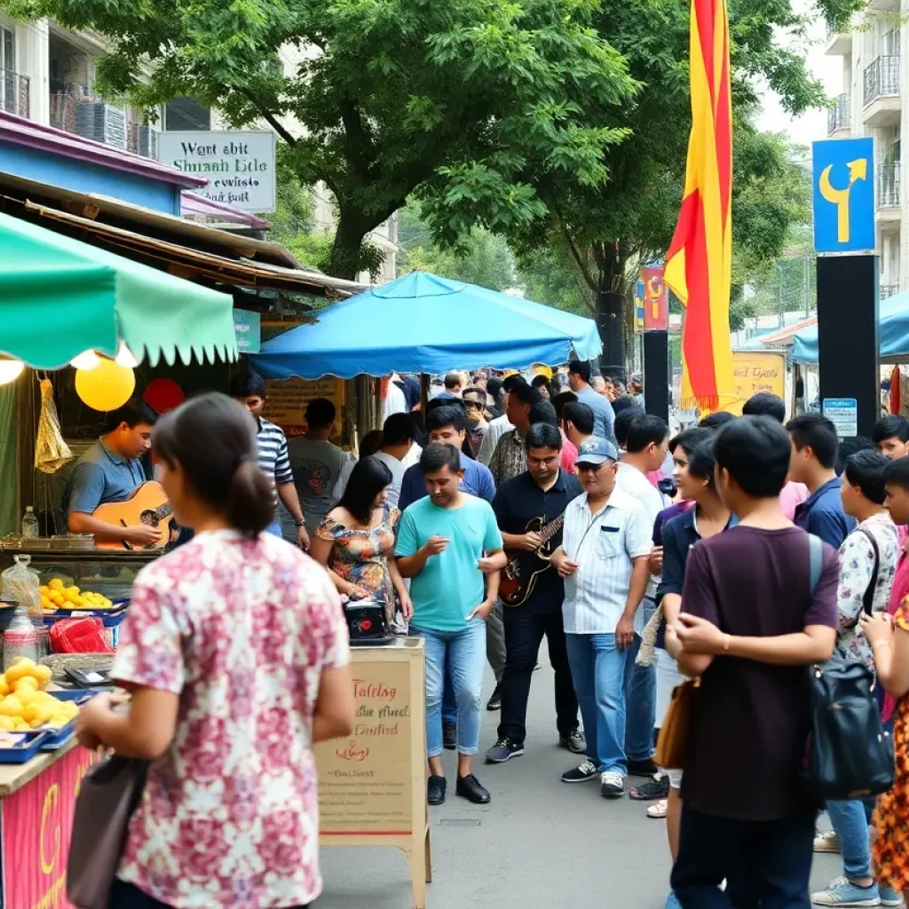 A colorful view of cultural events happening in Memphis with food stalls and performers.