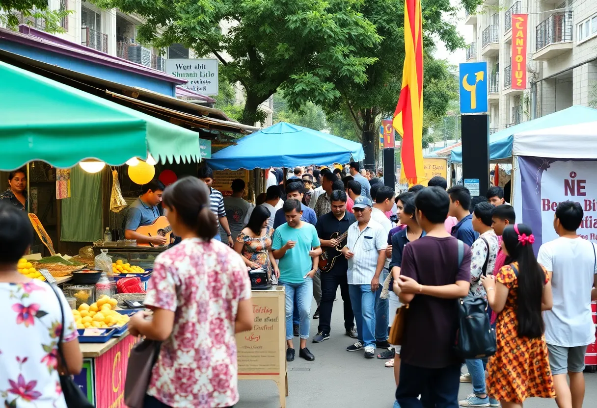 A colorful view of cultural events happening in Memphis with food stalls and performers.